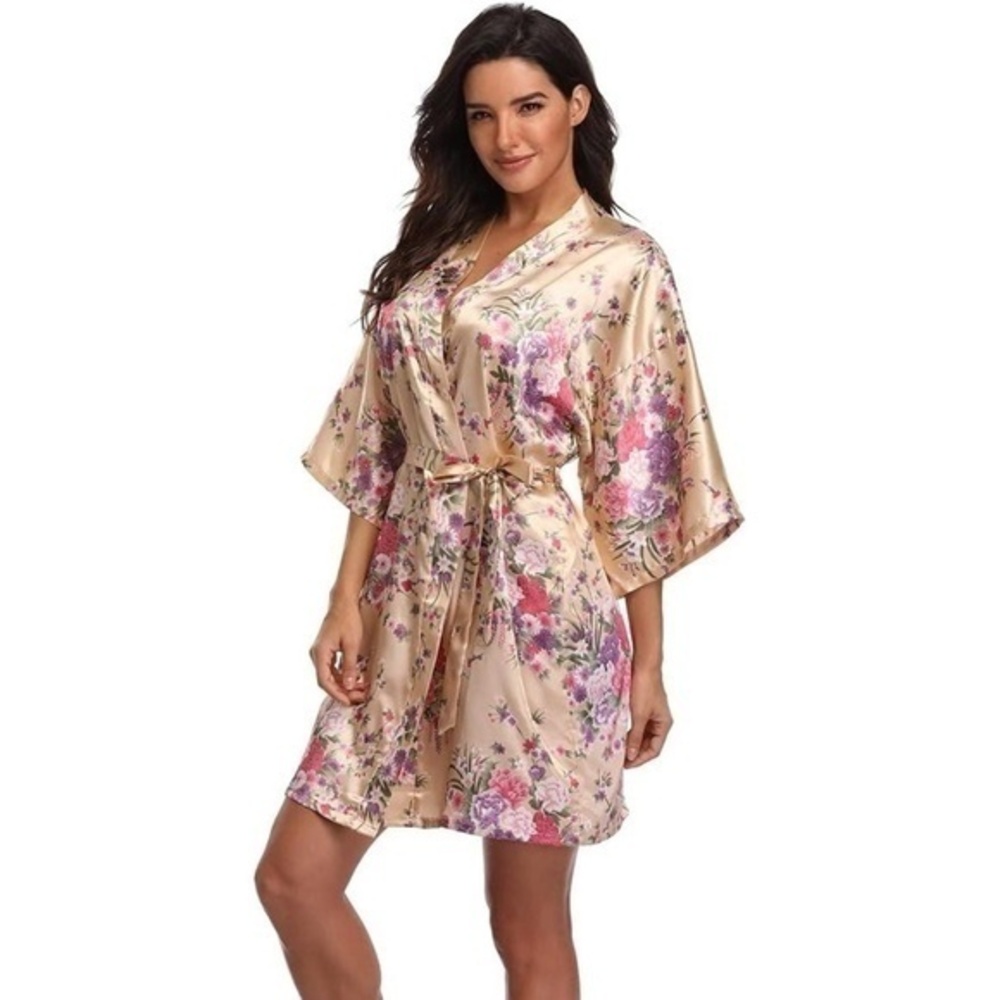 Women's Floral Short Satin Bridesmaid Robes Silky Bride Robe